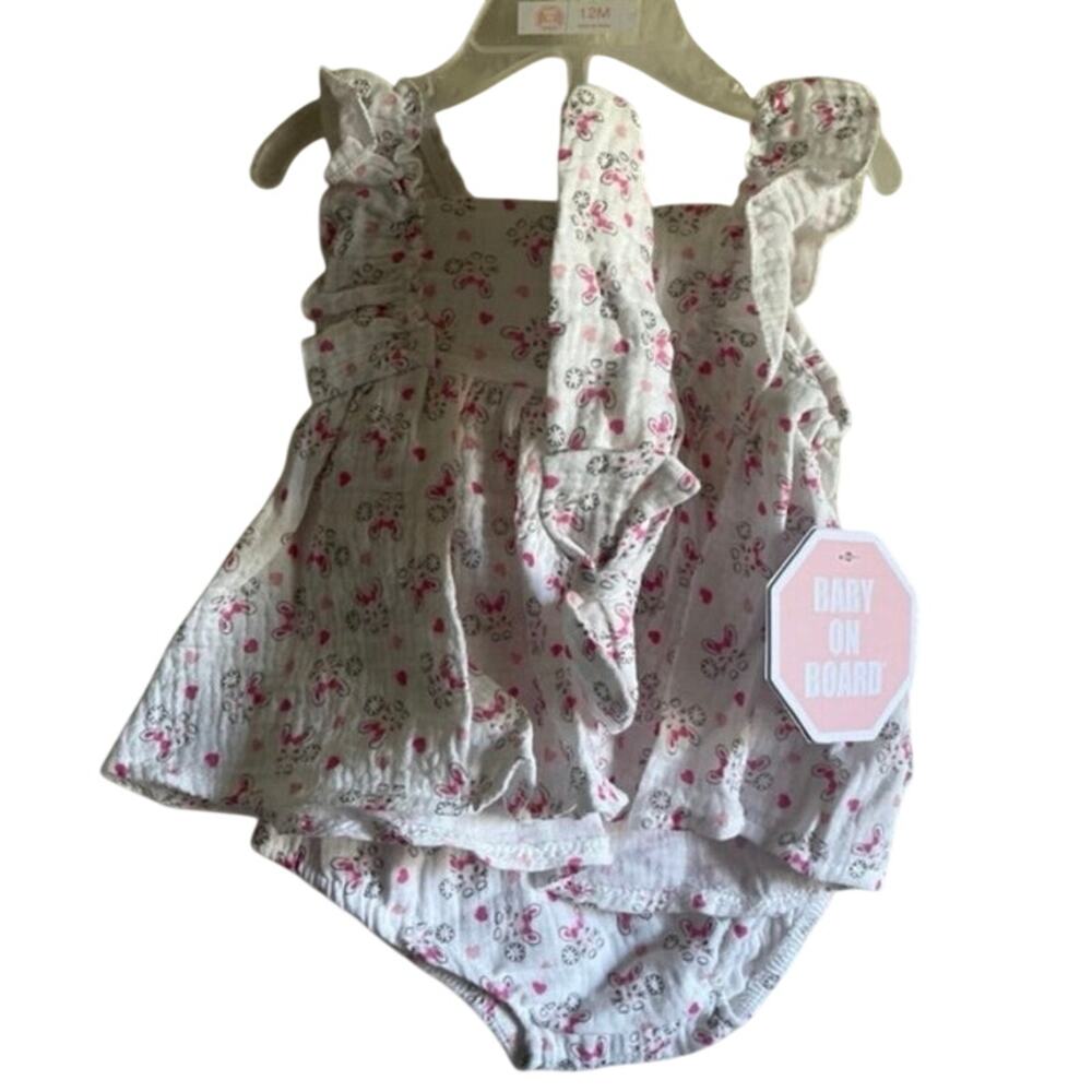 Baby On Board 18M Bunny Floral Romper Dress Set Pink Ruffle Outfit NWT